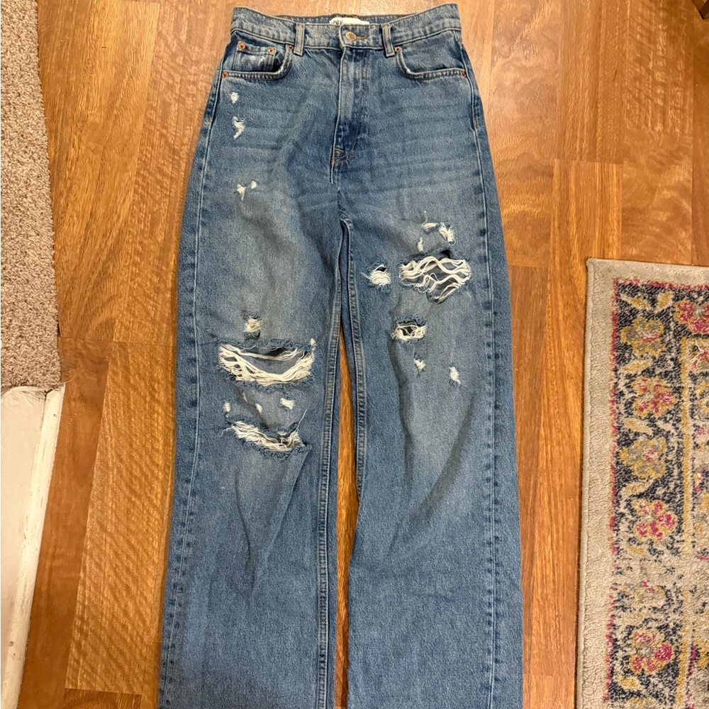 Zara Distressed High Waisted Blue Jeans